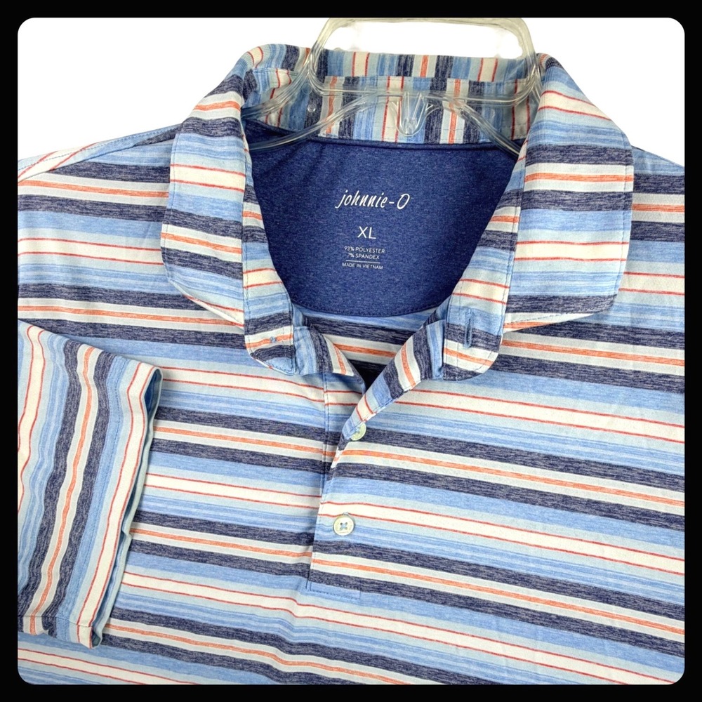 Johnnie-O Striped Polo Shirt Mens XL Blue Polyester Spandex Short Sleeve Stretch